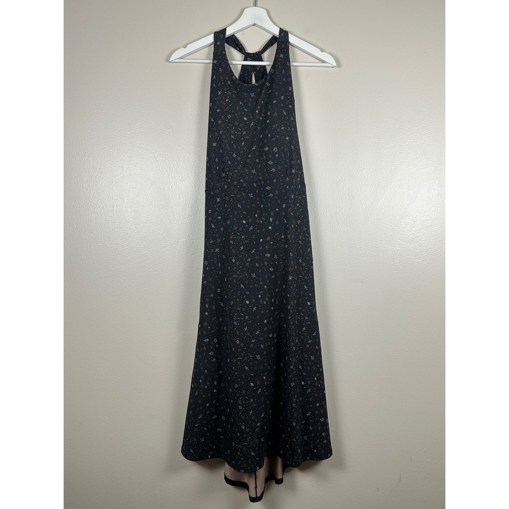 prAna Women's XL Jewel Lake Dress Black Spring Floral Halter Midi Built-in Bra